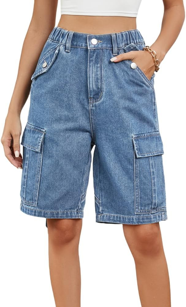 POHADON Womens 2024 Trendy High Waisted Denim Shorts Bermuda Shorts Baggy Y2K Cargo Shorts Casual... | Amazon (US)