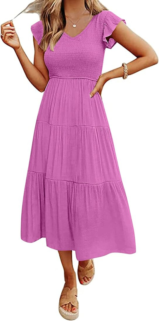 MEROKEETY Women's Flutter Sleeve Smocked Midi Dress V Neck Casual Tiered Dresses with Pockets | Amazon (US)