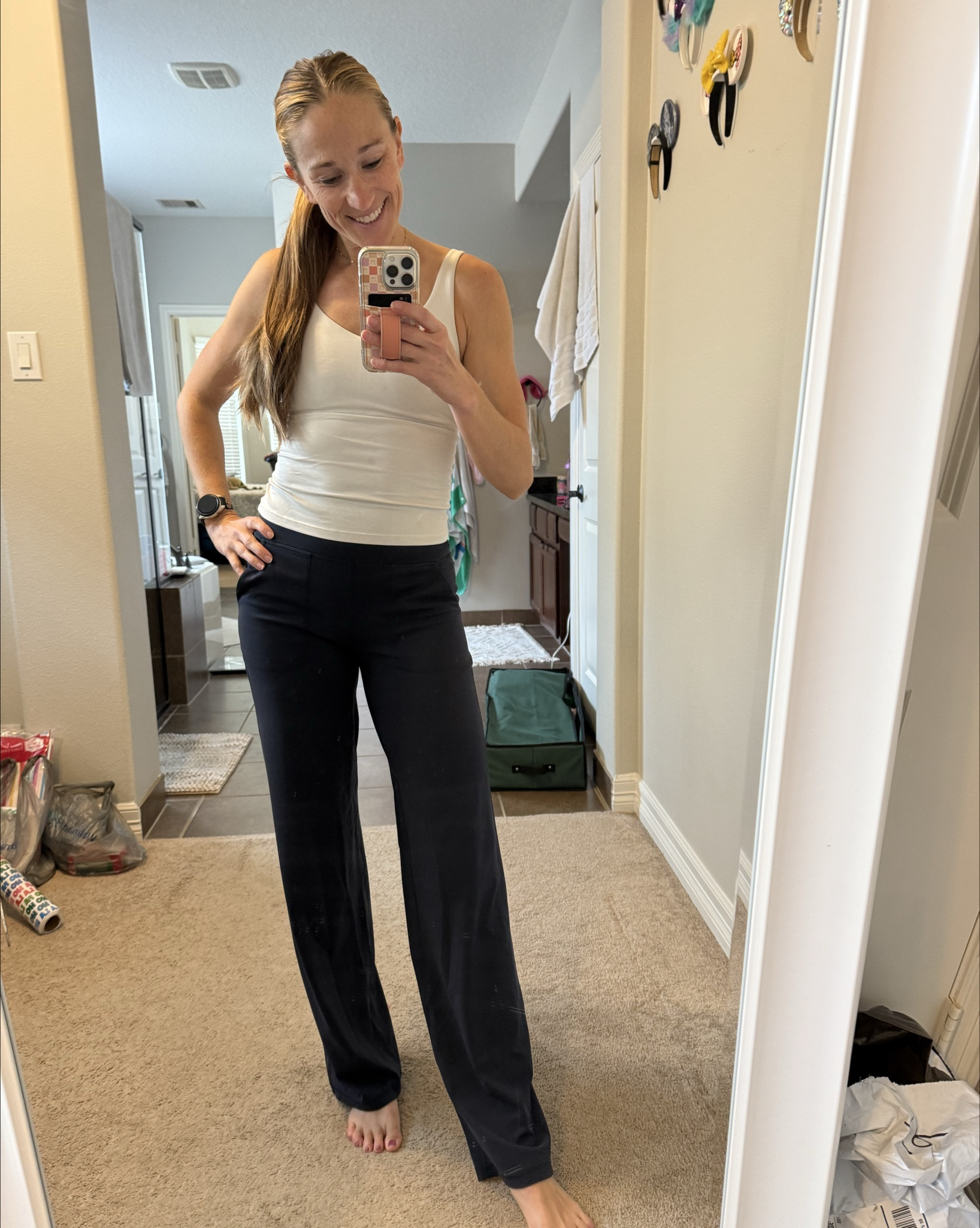 Obsessing over these butter, soft wide leg leggings. They give the booty a lift and are comfy while looking a little more elevated than a standard legging. These come in several different colors. I’m wearing the true navy, which is a very dark navy. I’m 5’8” and in my true size small. These are the 33 inch in seam which are the longest. I love that you can actually get a long enough legging for the taller ladies! PS they’re on sale for only $34!

#LTKmomlife #LTKActive #LTKCyberWeek
