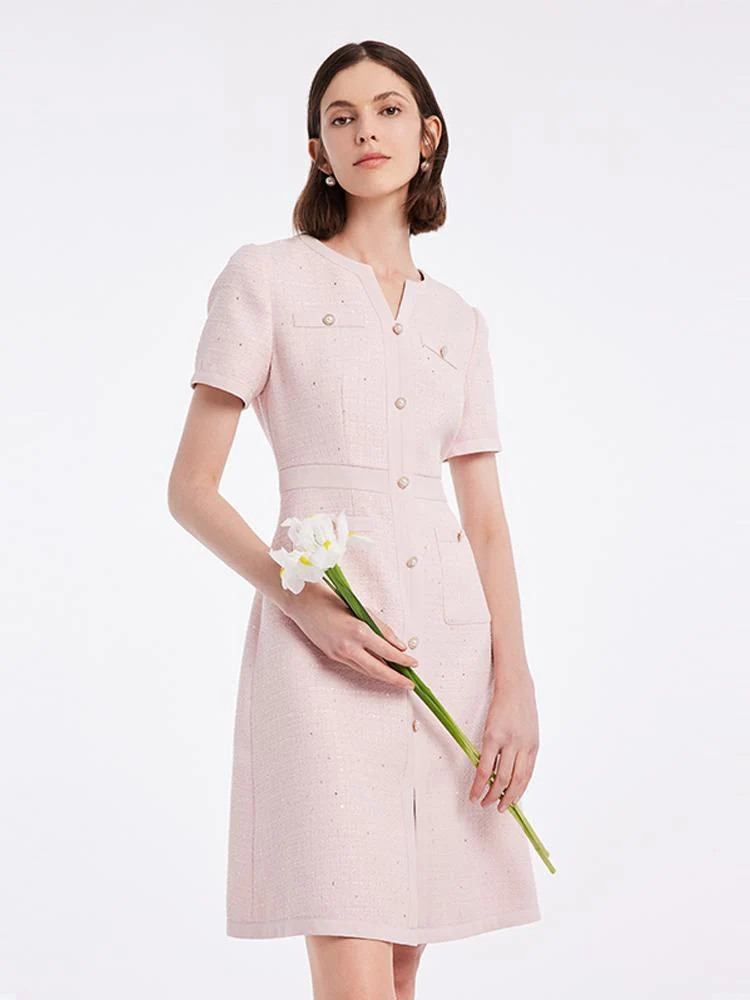 Gathered Waist Single-Breasted Sequins Tweed Mini Dress With Patch Pockets - Pale pink / L | GOELIA