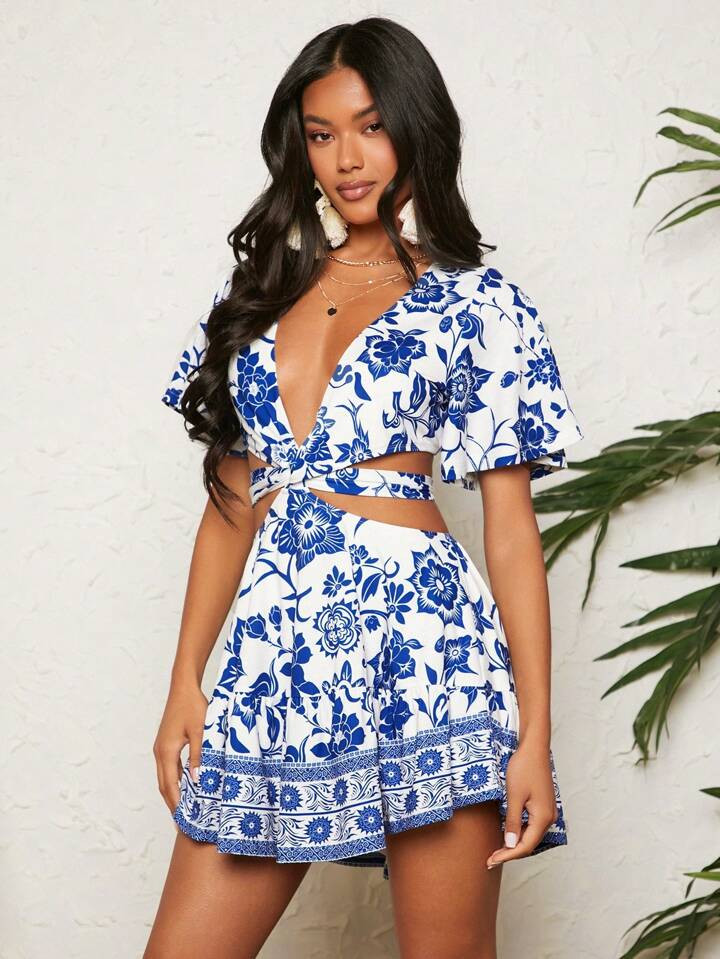 SHEIN TRVLCHIC Summer Beach Boho Women's Vacation Deep V-Neck Crochet Ruffle Sleeve Travel Mix Dr... | SHEIN