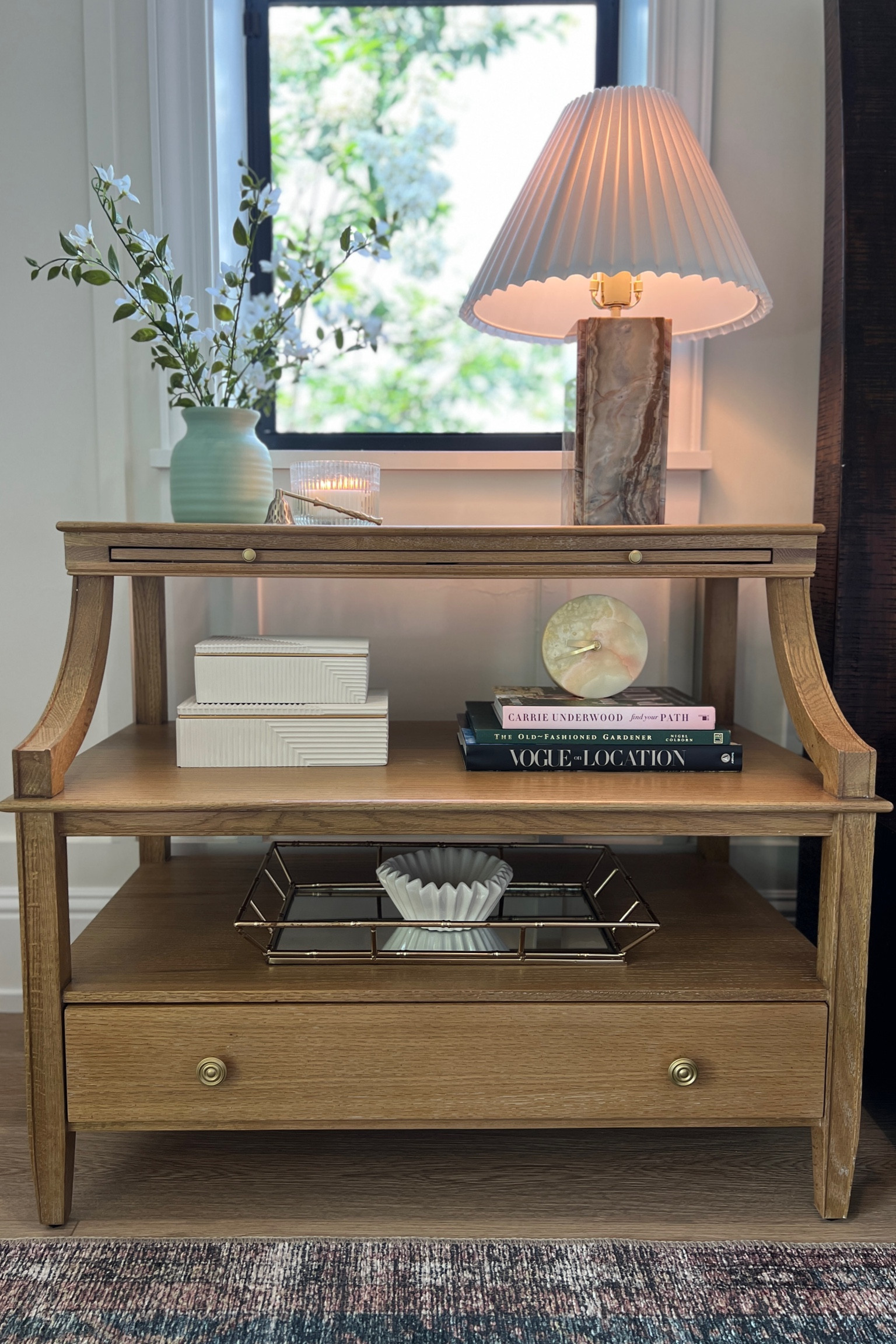 Master bedroom nightstand, night table, transitional nightstand nightstand decor, shelf styling, marble lamp, faux flowers, decor boxes 

#LTKhome
