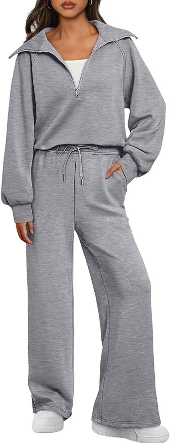 AUTOMET Womens 2 Piece Sweatsuits Loungewear Sets Quarter Zip Pullover Sweatshirts with Wide Leg ... | Amazon (US)