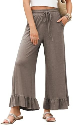 EVALESS Womens Wide Leg Pants Drawstring Elastic High Waisted Ruffle Hem Palazzo Pants with Pocke... | Amazon (US)