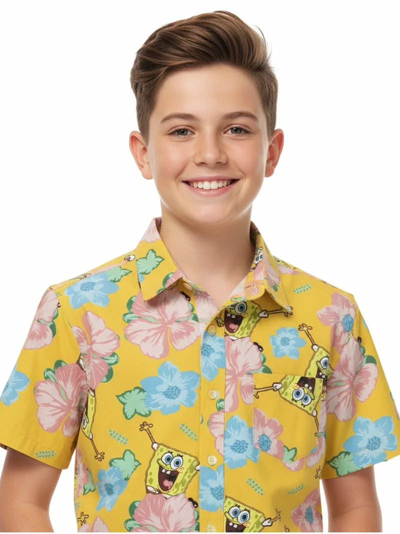 SpongeBob SquarePants Boys Cotton Graphic Button Up Shirt with Short Sleeves, Sizes 4-18 | Walmart (US)