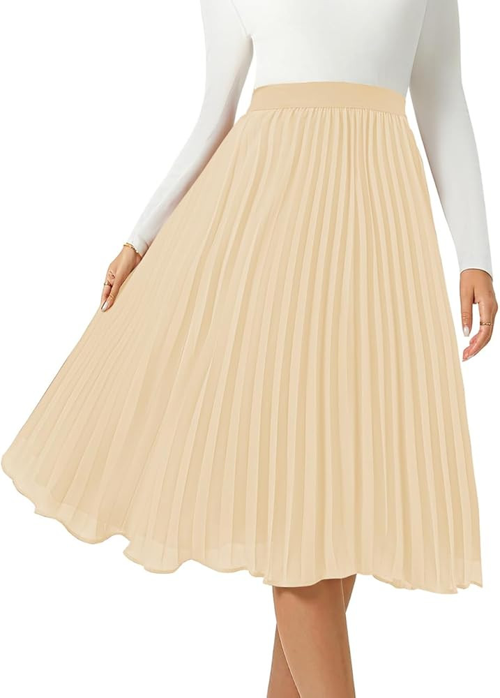 Women's Midi Skirt Elastic High Waist Pleated Skirt Knee Length Swing A-Line Casual Flowy Skirts ... | Amazon (US)