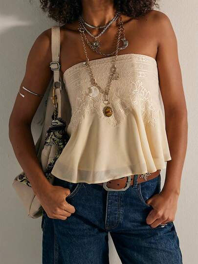 Women Summer Strapless Boho Tube Top Sleeveless Lace Floral Smocked Ruffle Hem Peplum Tops Y2K Go... | SHEIN
