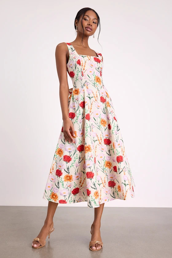 Anneke Ivory Multi Floral Backless Midi Dress | Lulus