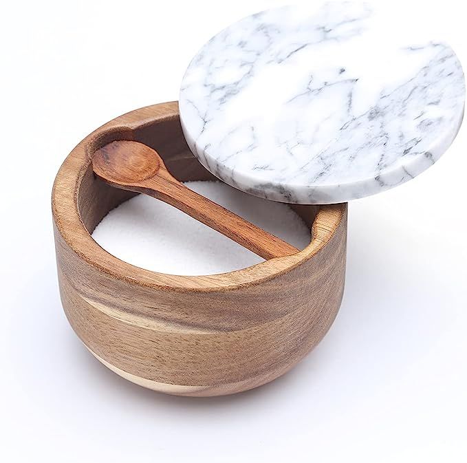 KITCHENDAO Large Acacia Salt Cellar Box Bowl with Built-in Spoon and Marble Lid, Solid Natural Ac... | Amazon (US)