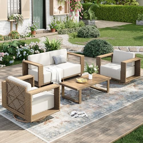 MIXPATIO Outdoor Patio Furniture Set, 5 Piece Outdoor Rattan Wicker Sofa Couch, Conversation Sets with 2 Swivel Sofa, 2 Armchairs and Coffee Table for Deck Backyard Lawn | Amazon (US)