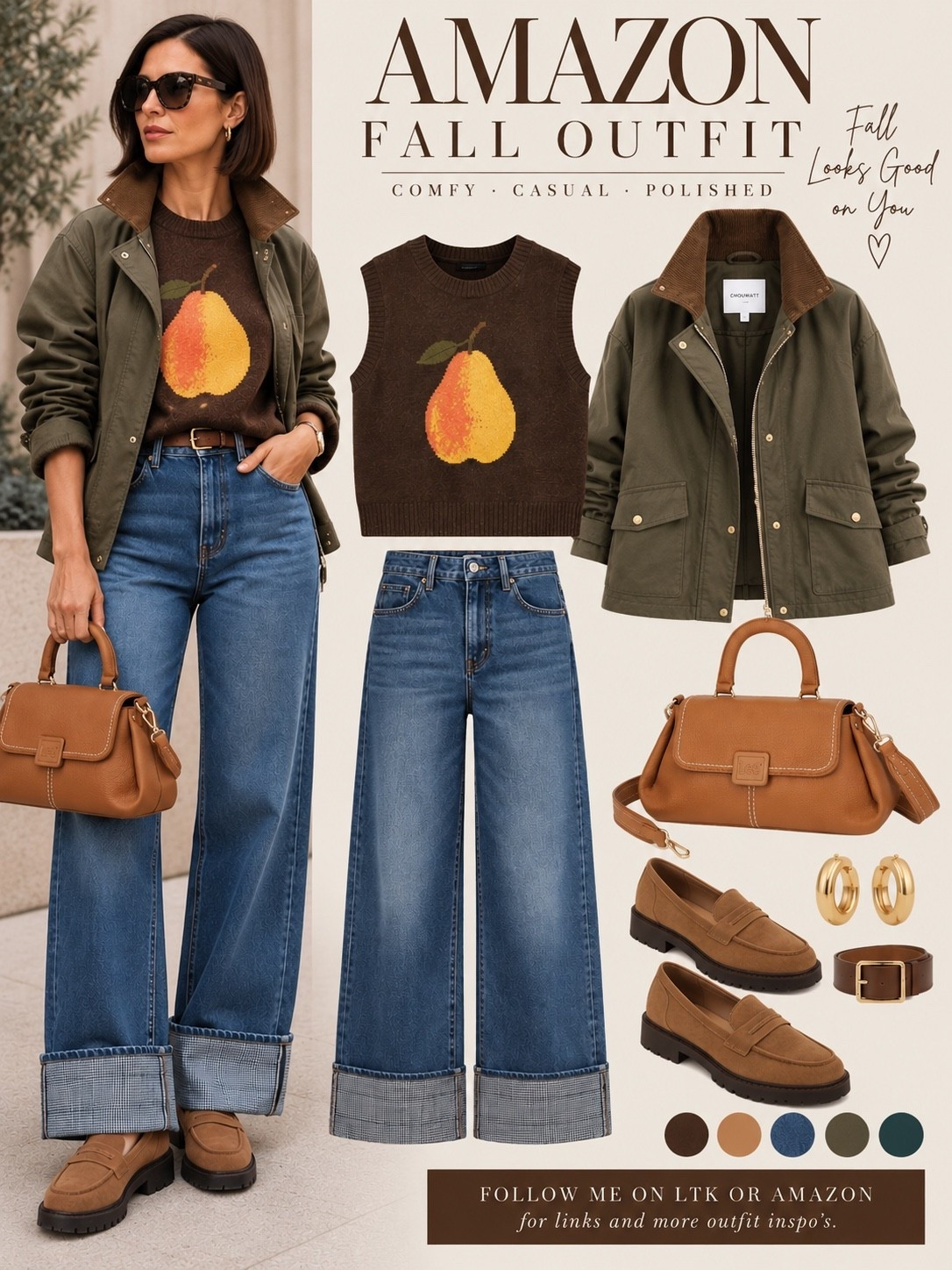Who says fall dressing has to be all neutrals and basics? This adorable pear-knit vest adds a playful touch to an otherwise classic outfit. Paired with oversized cuffed denim, cognac suede loafers, and an olive barn jacket with the collar popped for that effortless, lived-in feel.
The warm leather satchel ties everything together, keeping the look casual, polished, and just a little unexpected.
All styled with Amazon finds!