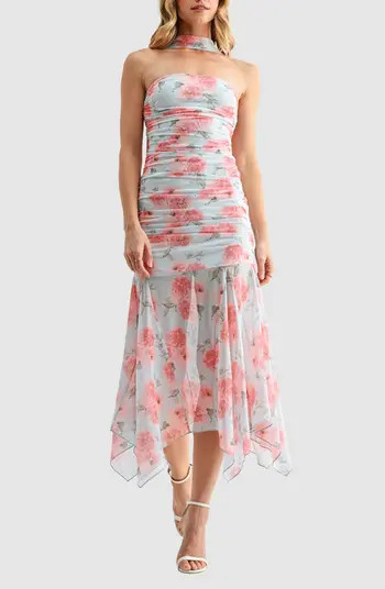 Floral Ruched Drop Waist Midi Dress with Removable Scarf | Nordstrom