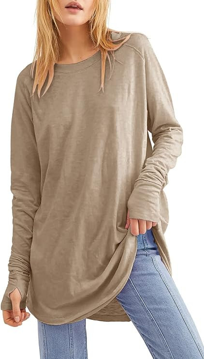Fisoew Women's Casual Long Sleeve Tops Crew Neck Round Hem Loose T-Shirts Tunic Tops with Thumb H... | Amazon (US)