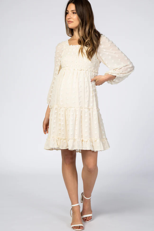 Ivory Swiss Dot Long Sleeve Maternity Dress | PinkBlush Maternity