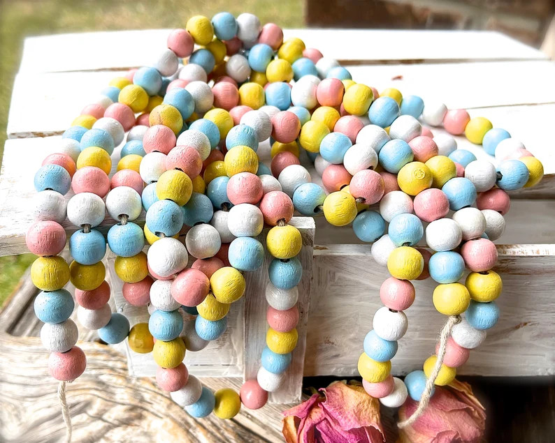 Vintage 1980s Pastel Wooden Beaded Garland - 110" Cottage Farmhouse Decor | Etsy (US)