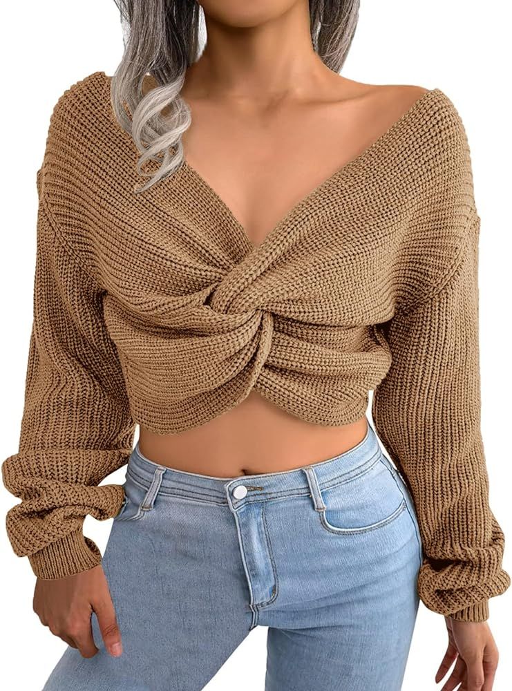 Goranbon Women's V Neck Criss Cross Cropped Sweaters Sexy Long Sleeve Off Shoulder Pullover Knit Top | Amazon (US)