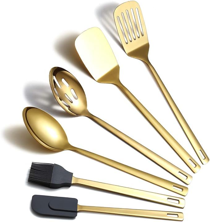 Gold Cooking Spoons, Berglander 6 Pieces Spatula Set Stainless Steel, Metal Spatula, Serving Spoo... | Amazon (US)