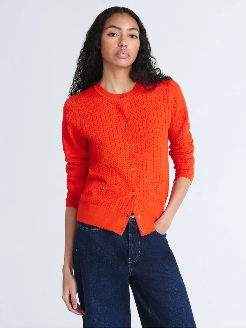 Free Assembly Women's and Women's Plus Cozy Yarn Welt Pocket Cable Cardigan Sweater, Midweight, S... | Walmart (US)