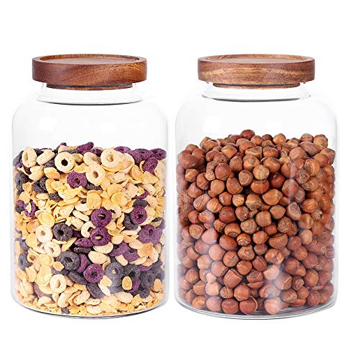 LEAVES AND TREES Y Thicken Glass Storage Jar, Food Storage Container/Canisters with Airtight Wooden Lid for Tea, Coffee, Honey, Cacao Powder,BPA Free Perfect as a Cereal Dispenser (7.6inch 2pcs) | Amazon (US)