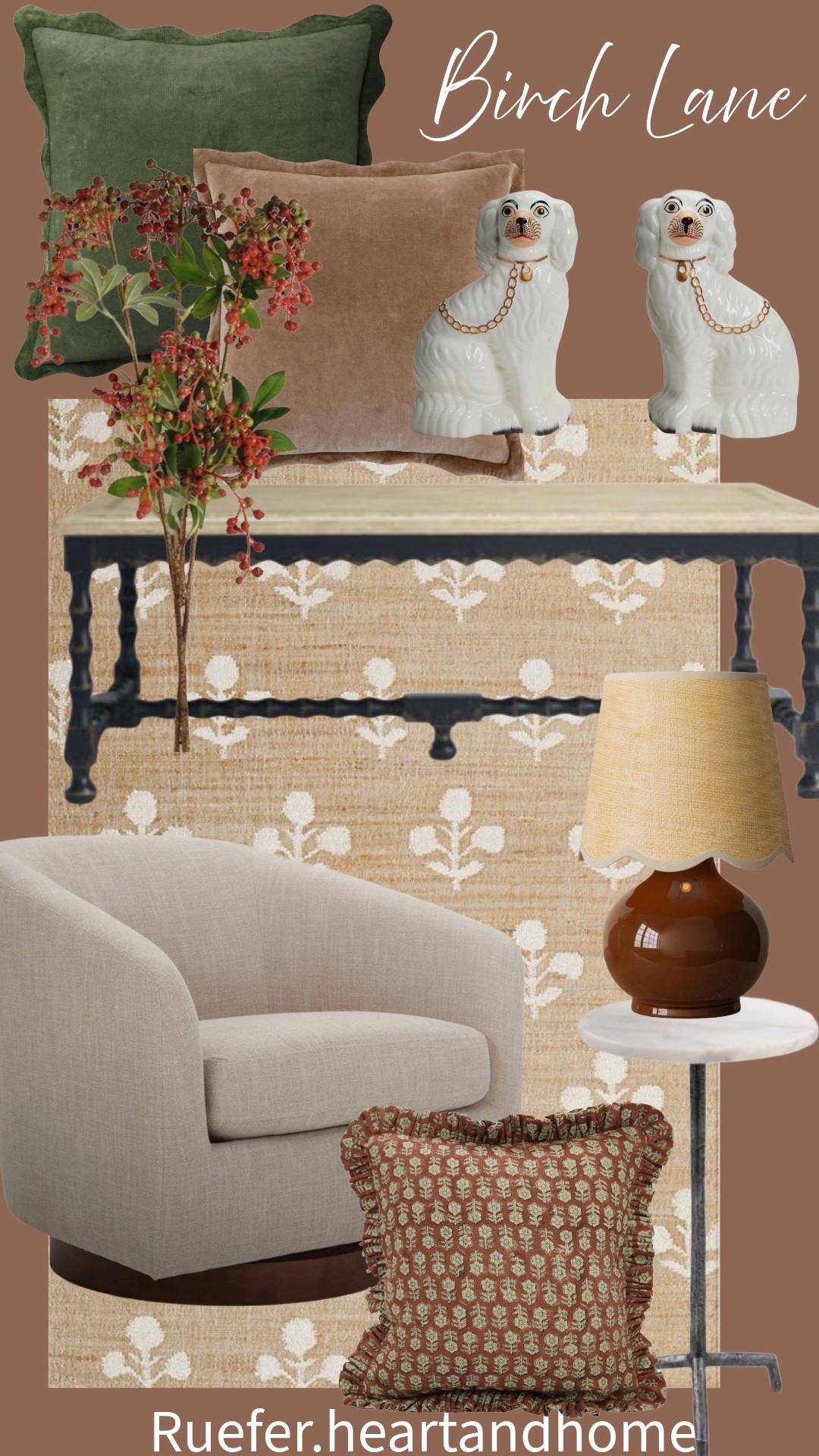 Fall living room decor… artificial berry and leaf stem, wool and jute rug, Blockprint floral ruffle pillow, coffee table, scallop pillows, swivel linen chair, staffordshire style dog figurines, table lamp, marble accent table

#LTKSeasonal #LTKHome #LTKSaleAlert