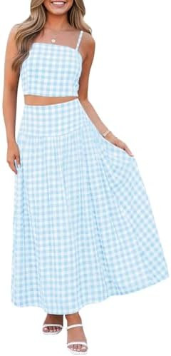 Wenrine Womens 2 Piece Skirt Sets Summer Gingham Crop Tops Midi Skirt | Dress Set, Travel Vacatio... | Amazon (US)