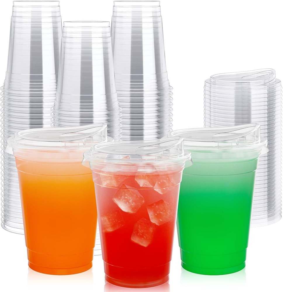 Lilymicky 16oz Clear Plastic Drinking Cups (90 Pack) with Strawless Sip Lids, Disposable Cups for... | Amazon (US)