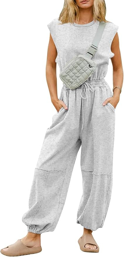 Flygo Womens Casual Jumpsuit Crewneck Cap Sleeve Long Wide Leg Pants One Piece Outfits Drawstring... | Amazon (US)