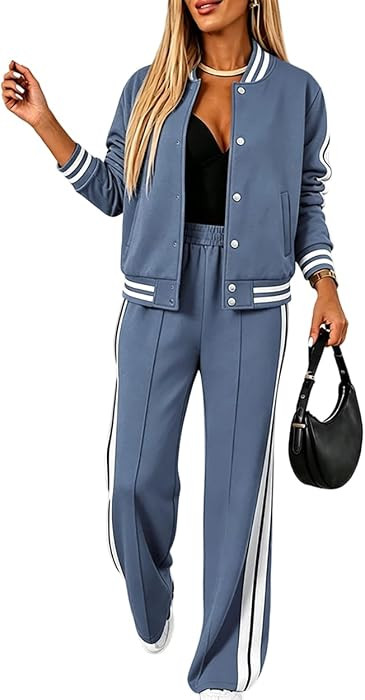 CHICME Women's 2 Piece Striped Baseball Jacket and Wide Leg Sweatpants Set | Amazon (US)