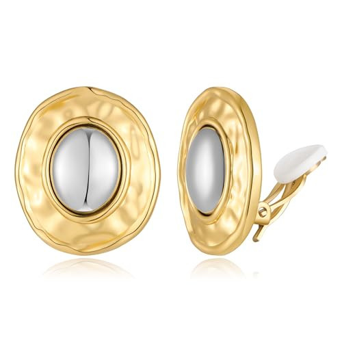 Two Tone Oval Clip on Earrings for Women Vintage Geometric Gold and Silver Mixed Metal Statement Textured Non Piercing Button Earrings for Non Pierced Ears | Amazon (US)