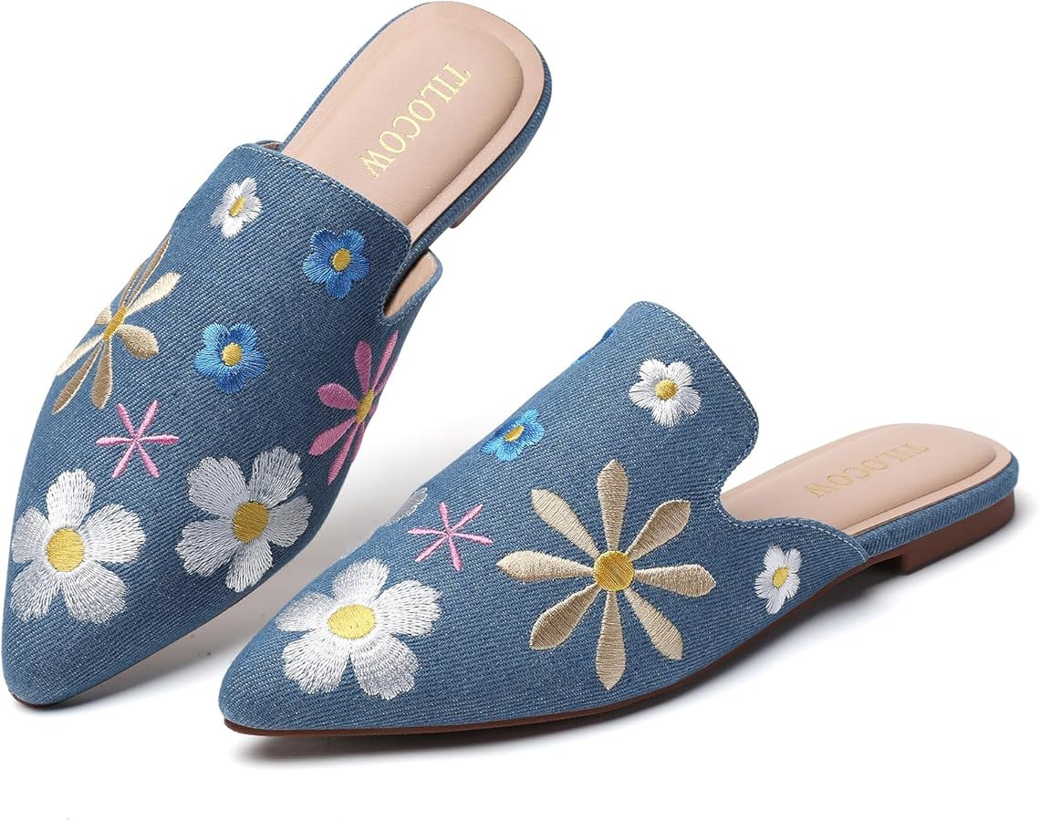 Tilocow Mules for Woman Comfortable Pointed Toe Backless Loafers Flat Mule Business Casual Shoes ... | Amazon (US)