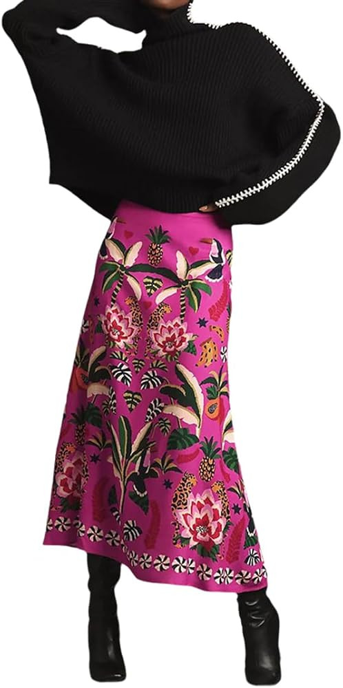 THLAI Womens Skirt Midi Skirt Tropical Plant Print Pink Zipper A-Line Long Skirts Spring Summer S... | Amazon (US)