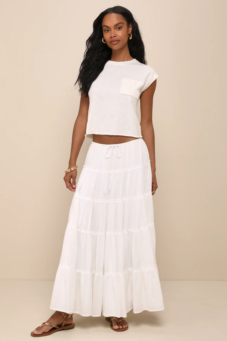 Relaxed Charm White Gauzy Tiered Drawstring Maxi Skirt | Lulus