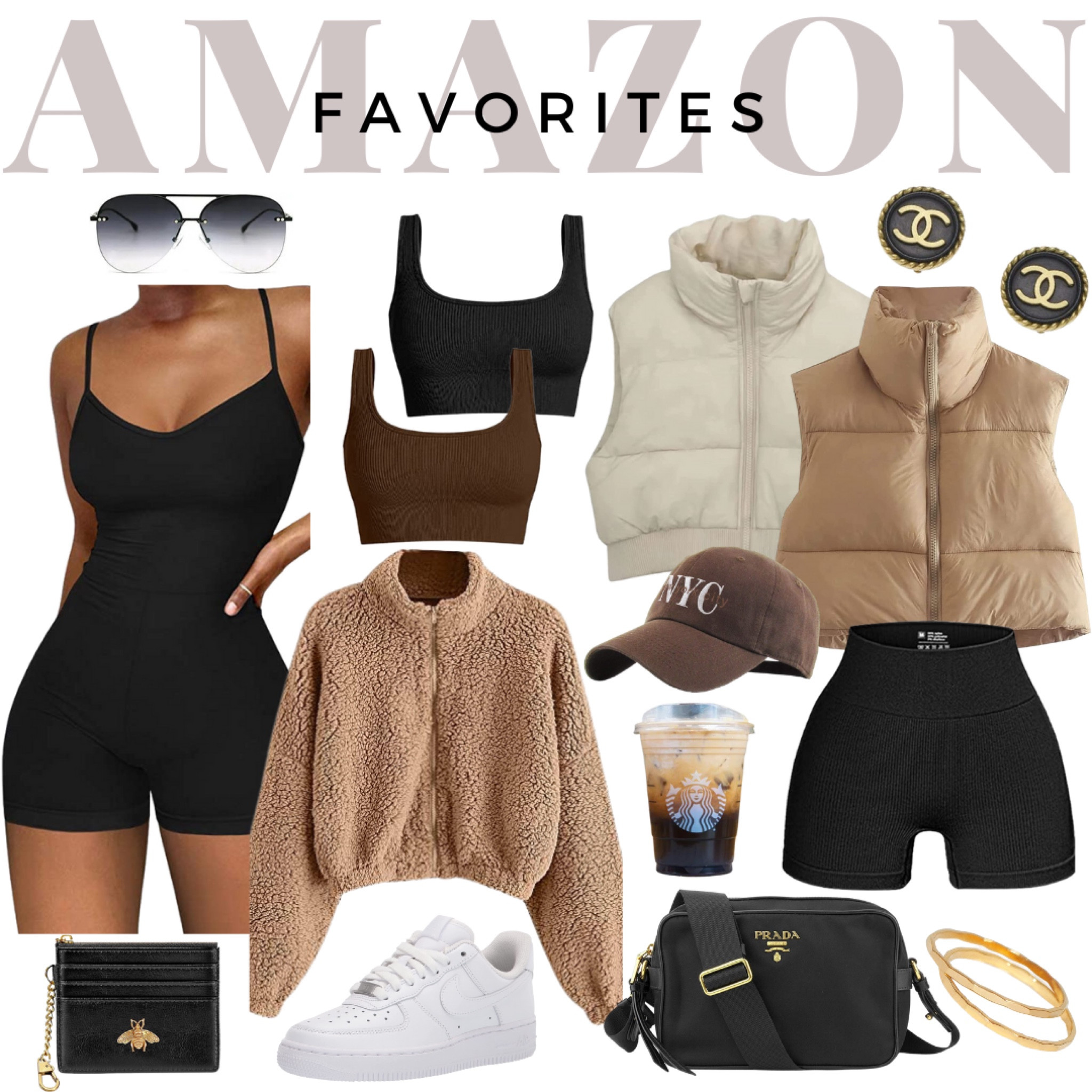Amazon dupes for Aritzia!! 

Black jumpsuit, puffer vest, teddy coat, workout set, prada bag, quay dupe sunglasses 

#LTKstyletip #LTKFind #LTKunder50