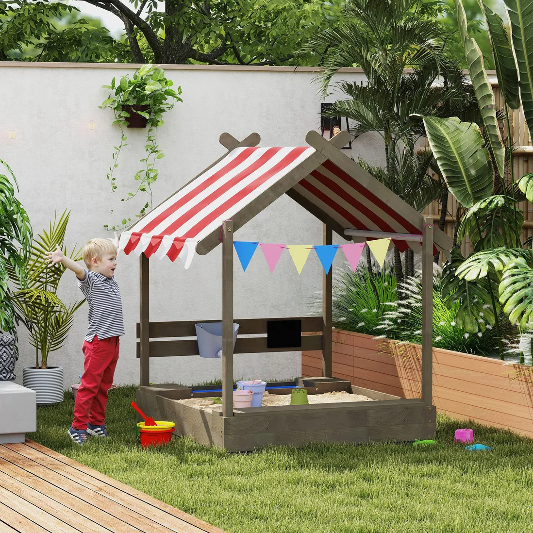 Outdoor Toys | Sand Pit with Canopy, Blackboard, Toys, Sink, Seats, Flags for Kids | OUTSUNNY | Debenhams UK