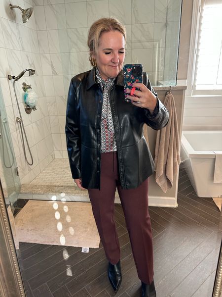 Add a peplum faux leather blazer. Takes the looks away from professional to a bit modern yet softens it. Wearing a size 2.0. 

Blouse size L
Pants size 31/12

Fall outfits, work outfits family photo outfit 

#LTKSeasonal #LTKmidsize #LTKover40