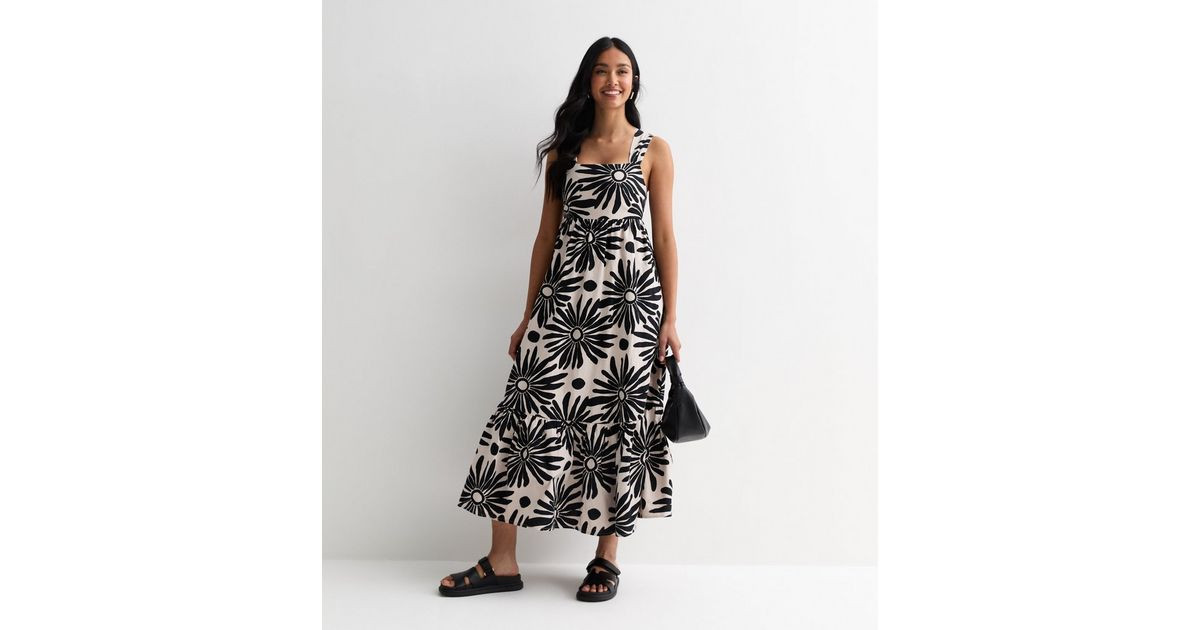 Stone Flower Print Square Neck Tiered Midi Dress | New Look | New Look (UK)