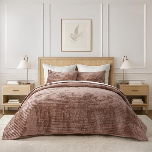 EverGrace Stripe Channel Luxury Velvet Quilt Set King Size, Terracotta Clay | Amazon (US)