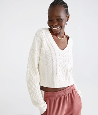 Slouchy Cable-Knit Cropped V-Neck Sweater | Aeropostale