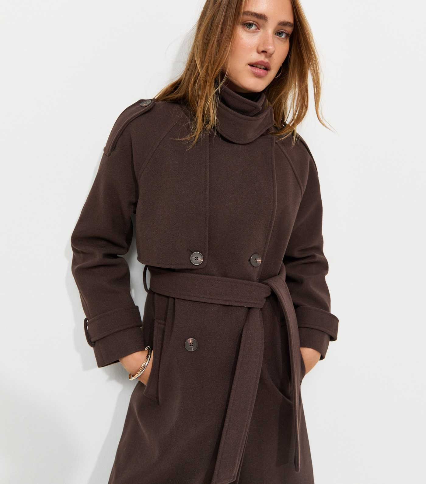 Dark Brown Belted Double Breasted Funnel Neck Coat | New Look | New Look (UK)