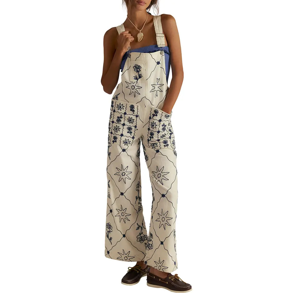 Free People Rising Sun Embroidered Wide Leg Overalls in Solar Ecru at Nordstrom Rack, Size X-Large | Nordstrom Rack