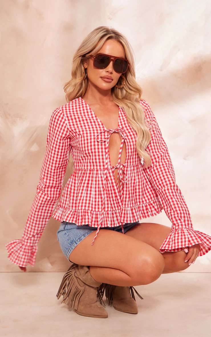 Red Checked Tie Front Flare Sleeve Shirt | PrettyLittleThing US