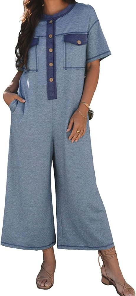 loveimgs Women Casual Jumpers Wide Leg Button Down Summer Jumpsuits Short Sleeves Round Neck Patc... | Amazon (US)