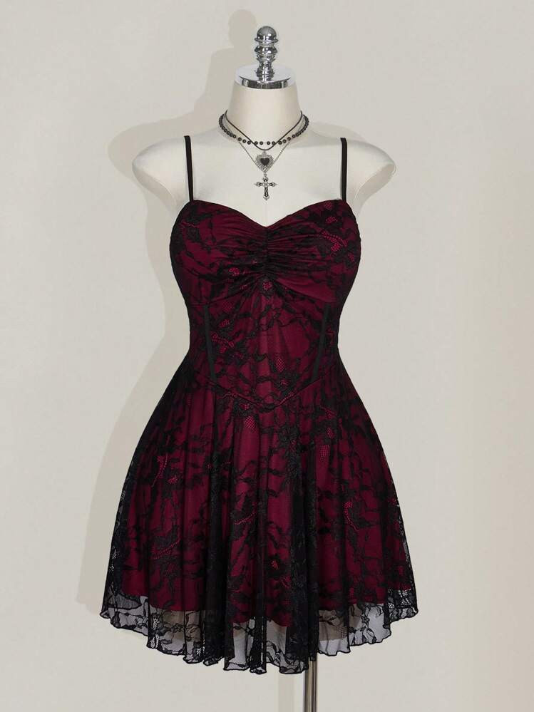 SHEIN ICON Plus Size Square Neck Ruched Lace Color Block Slip Dress, Y2K Party Dress, Halloween, Halloween Costume | SHEIN