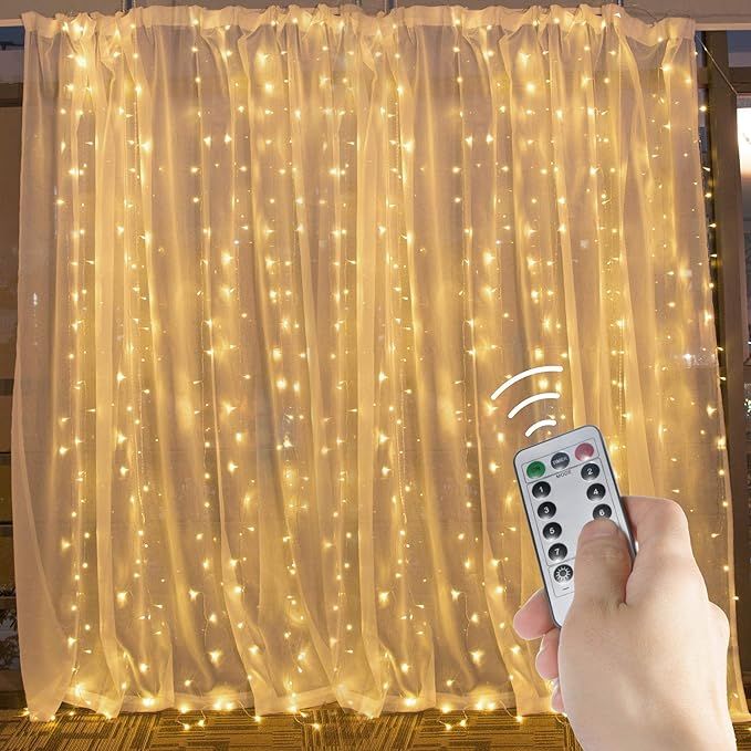 Hanging Window Curtain Lights 9.8 Feet Dimmable and Connectable with 300 Led, Remote, 8 Lighting ... | Amazon (US)