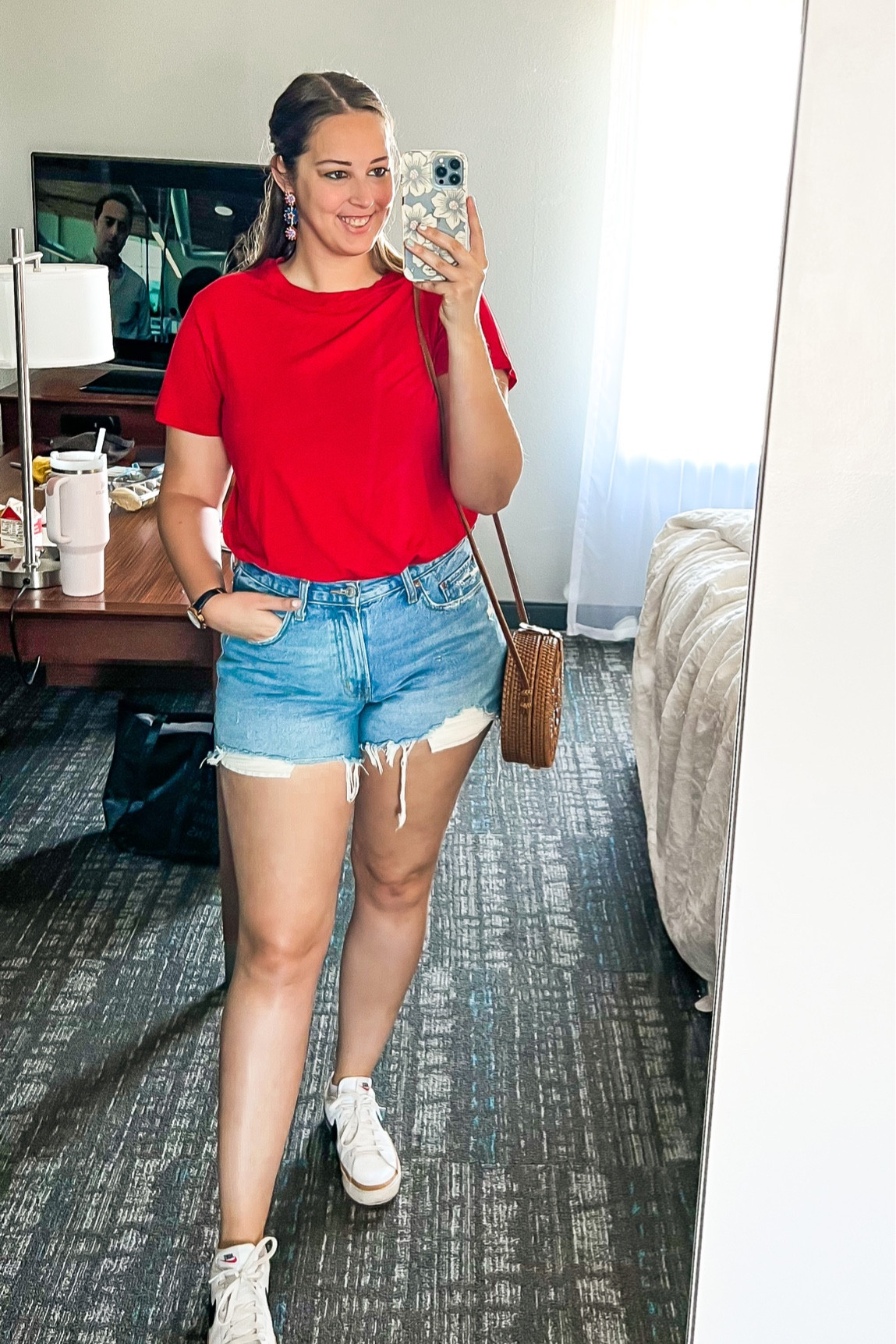 Monday 7.3.23 ootd - Texas rangers baseball game - target a new day relaxed red tee (size large, on sale 30% off making it $4.20), old Abercrombie distressed boyfriend jeans (size 31), Nike white sneakers (size 9) and amazon circle rattan bag 

Midsize, midsize outfit, size 10, size 10 outfit, ootd, outfit inspo, casual outfit, summer outfit, target finds, affordable outfit, baseball game outfit, vacation outfit

#LTKshoecrush #LTKsalealert #LTKSeasonal