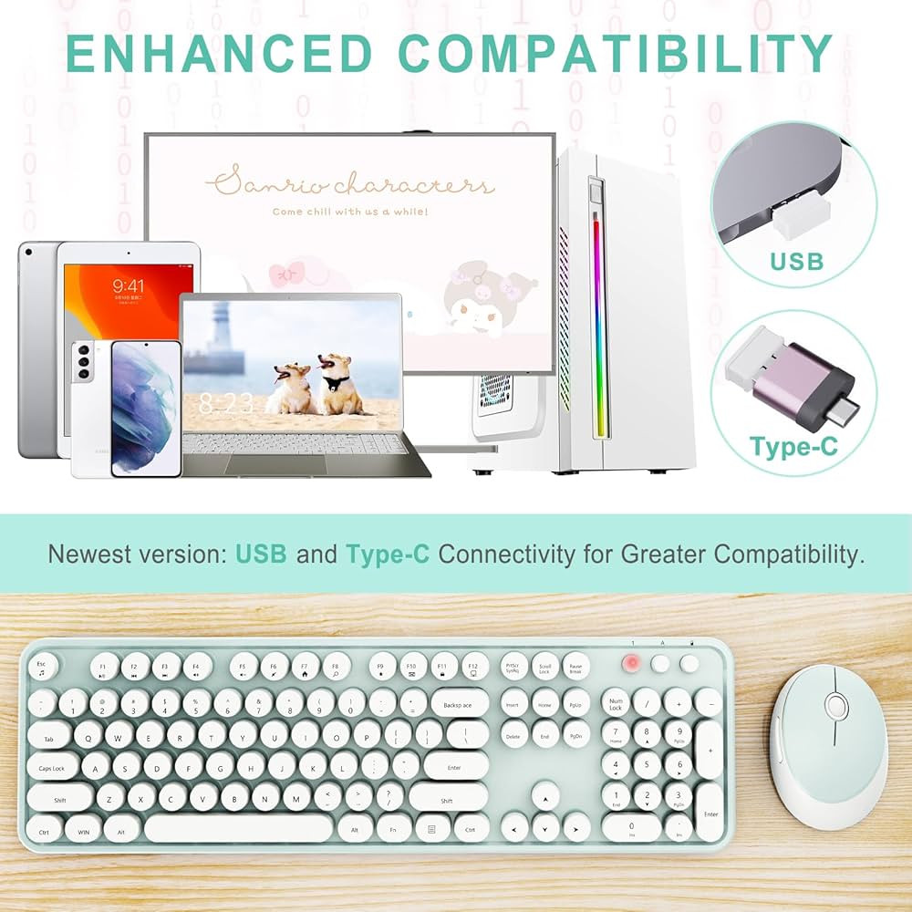 Wireless Keyboard and Mouse Combo, Ergonomic Full Size Typewriter Retro Round Keycaps Keyboard, C... | Amazon (US)