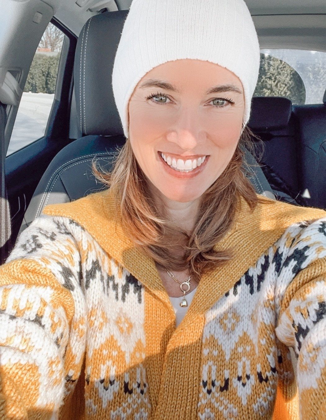 Sweater of the day: Johnny Collar Yellow Fair Isle sweater with black fleece lined leggings and LOFT off white crewneck long sleeve tee with Gorjana gold chain and gold heart charm (perfect for Valentine's Day) and black boots - for cold weather outfit #OOTD #fairisle #wintersweaters #winteroutfit #OVER40style

#LTKFindsUnder100 #LTKOver40 #LTKootd