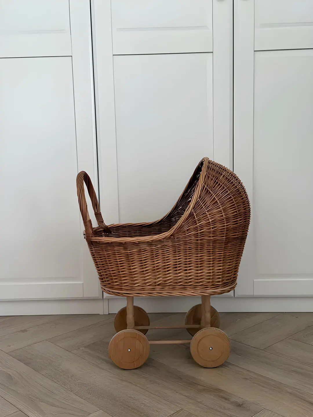 natural wicker baby carriage on wheels handmade rattan bassinet rustic doll pram toy storage bask... | Etsy (US)