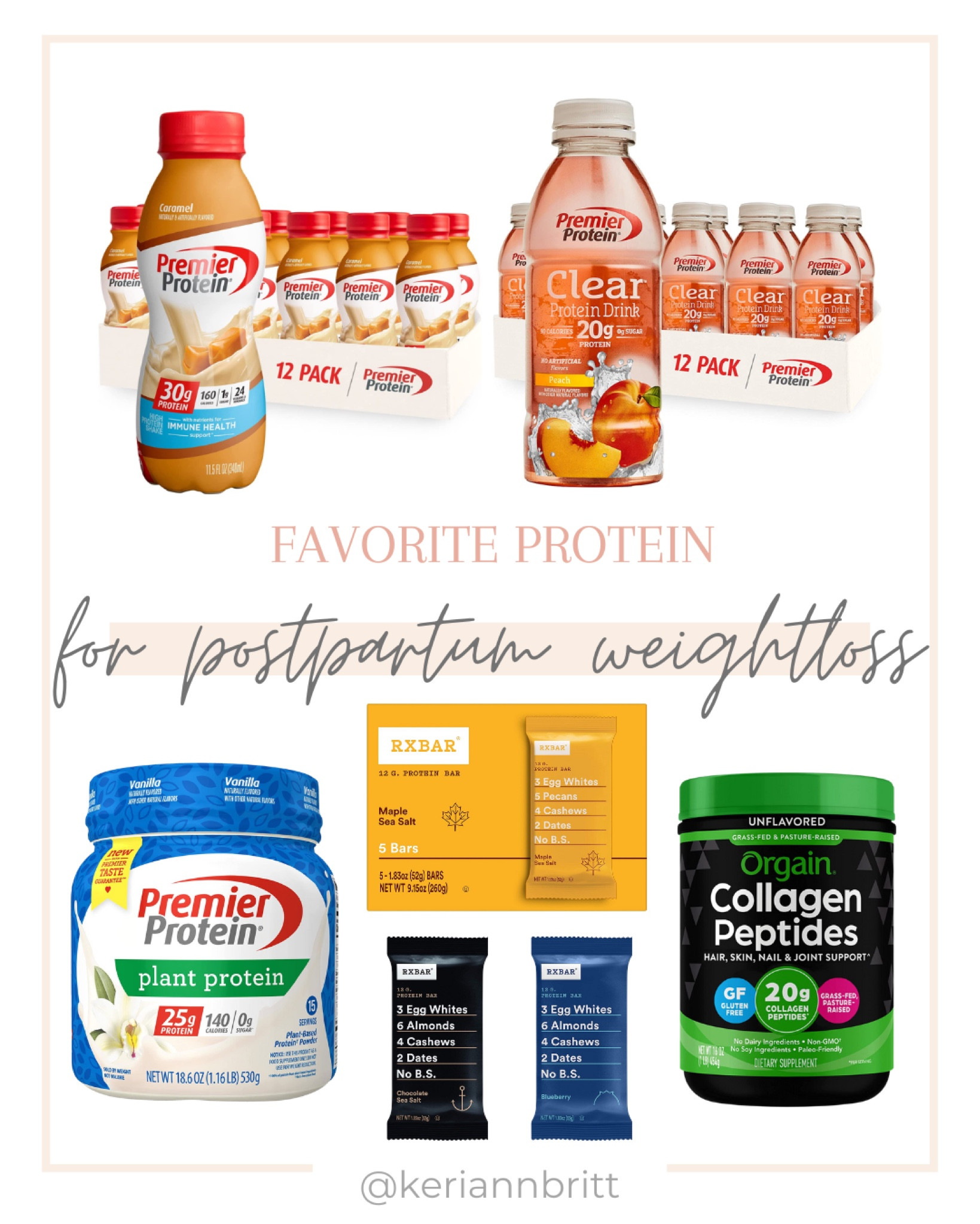 Favorite protein products during postpartum weight loss 

Protein snacks / collagen collagen peptides / protein powder / orgain / premier protein / protein shake / rxbar/ protein bar / protein drink / high protein / weight loss / fat loss / healthy snacks 

#LTKfit #LTKFind #LTKunder50