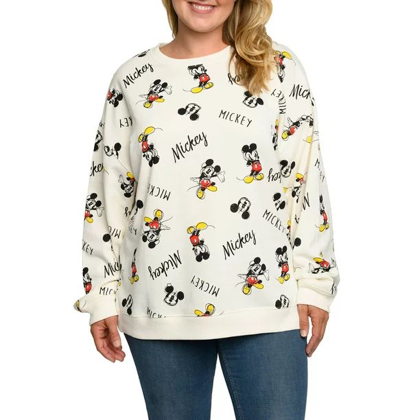 Disney Womens Plus Size Mickey Mouse Fleece Long Sleeve All-Over Sweatshirt | Walmart (US)